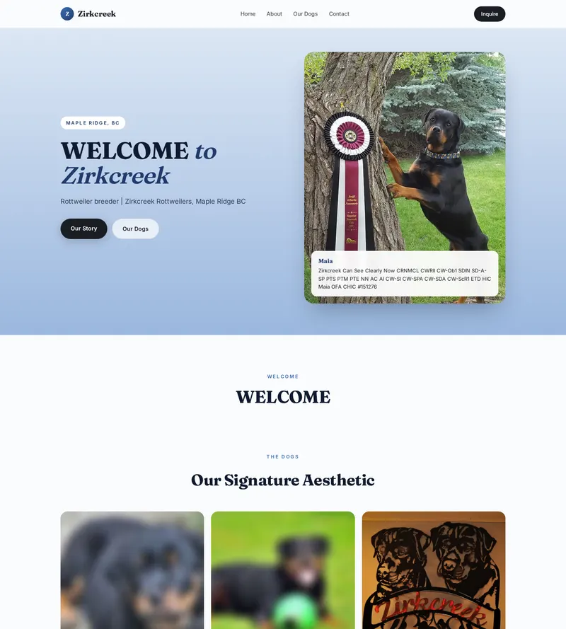 Redesigned website for Zirkcreek Rottweilers